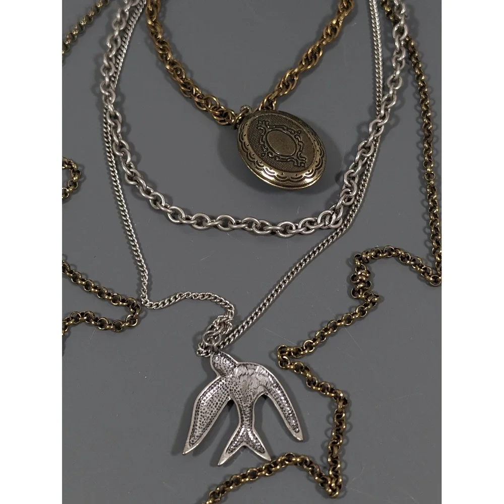 Two Tone‎ Layered Necklace Bird Charm Blue Enamel Locket Distressed 22in